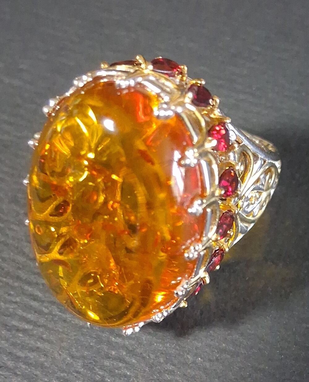 Michael Valitutti 18K Gold Embraced 925 Amber Garnets Cocktail Ring 1.25" Size 9